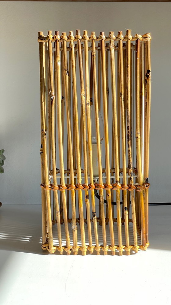 Image 1 of Vintage Wicker Wood Cube Lamp