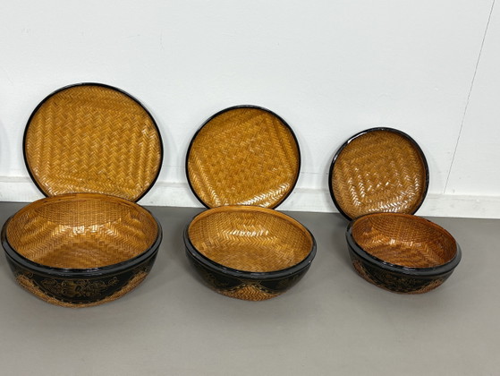 Image 1 of Set of 6 Nesting Boxes in Woven Bamboo and Polychrome Lacquer – Indochina Mid-20th Century