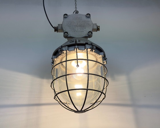 Image 1 of Large Industrial Cast Aluminium Cage Pendant Light, 1970