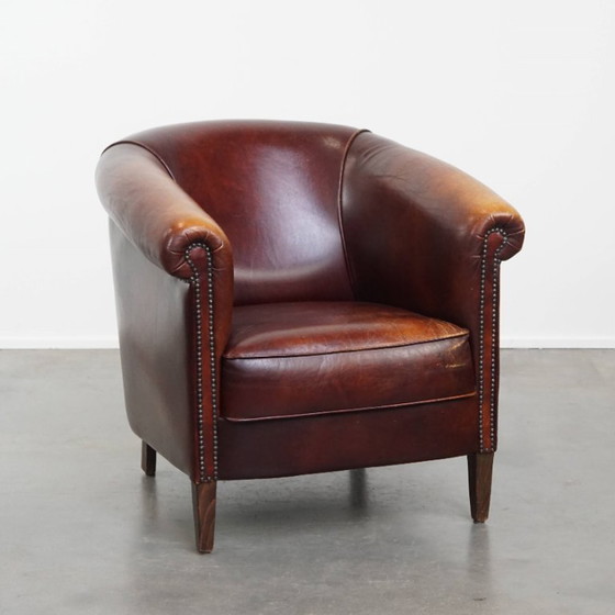 Image 1 of Sedia club in pelle di vacchetta in stile inglese con cuscino di seduta fisso