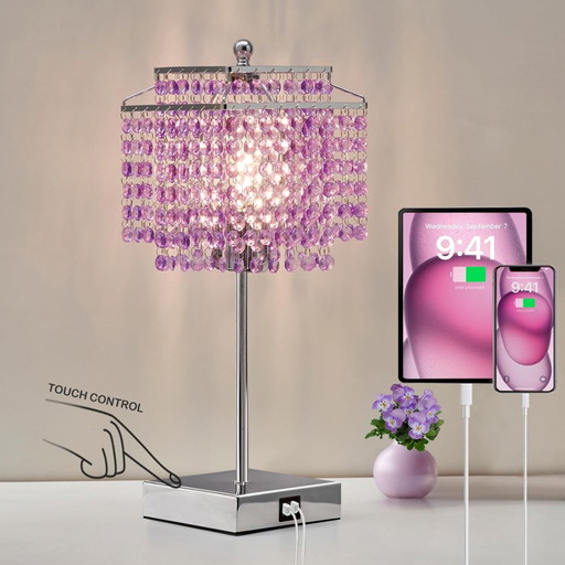 Paarse Touch Kristallen Lamp – 2 USB Poorten – Lamp Inbegrepen