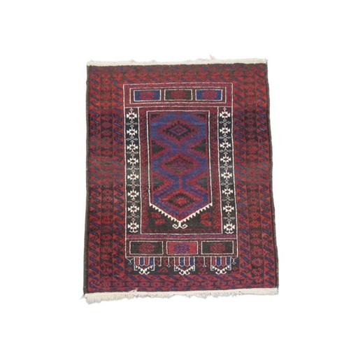 Tapis d'Orient noué à la main dans les tons rouge bordeaux, bleu foncé et beige 143x88cm