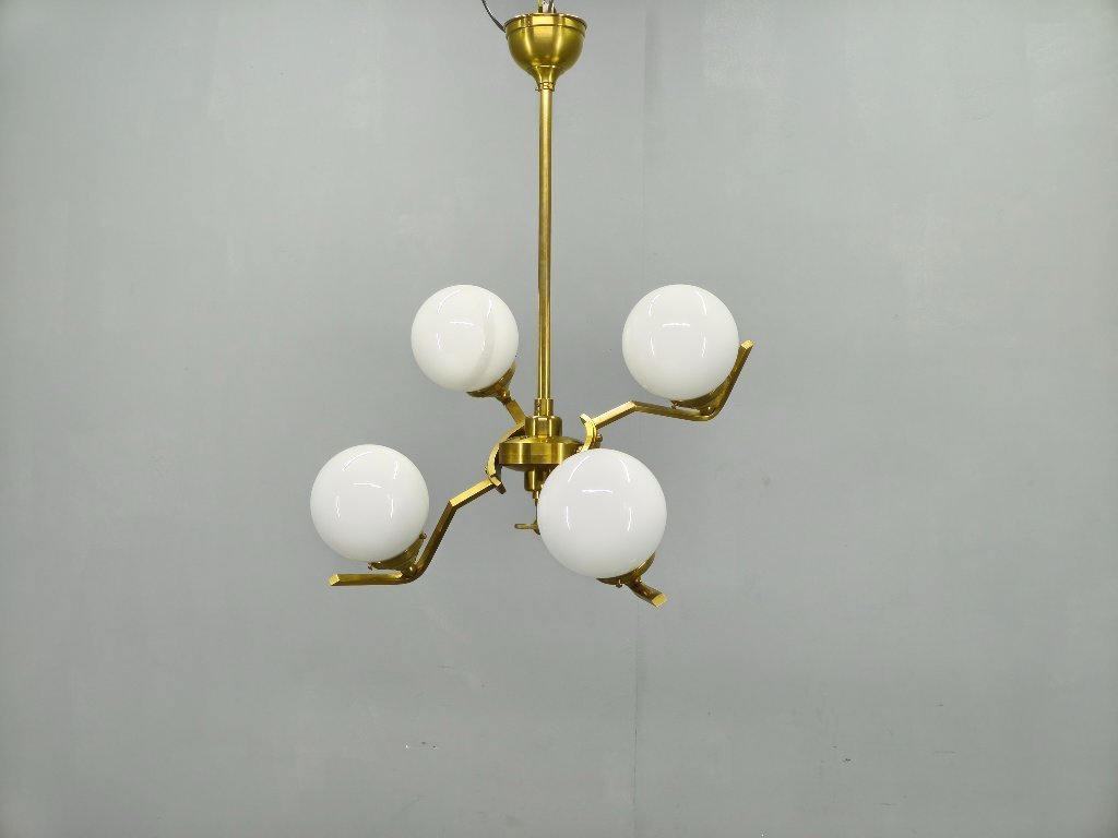 Adjustable Art Deco Brass Chandelier with Milk Glass, 1930s