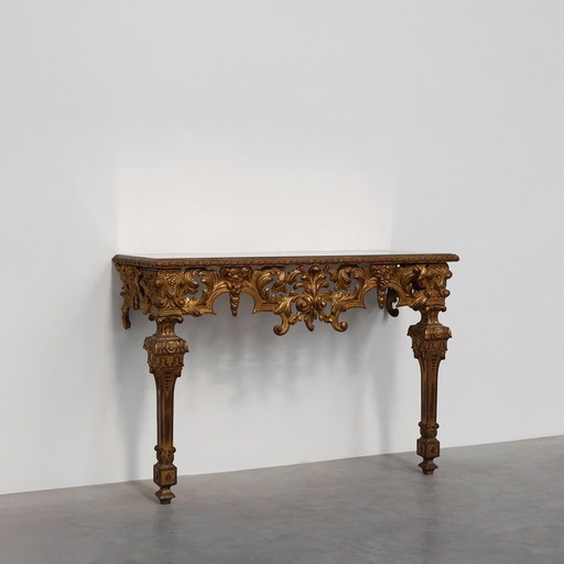 20e siècle Console murale italienne de style baroque, dorée et sculptée