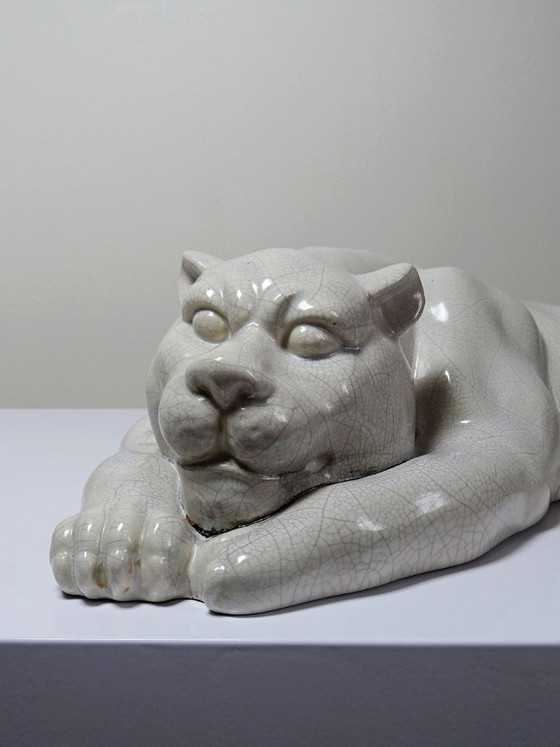 Image 1 of Grote liggende panter van gebarsten aardewerk, vintage jaren 1960-1980.