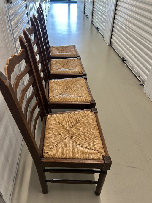 4 Antieke houten eetkamerstoelen met rieten zitting – Rattan, Wood (photo 2 of 14)
