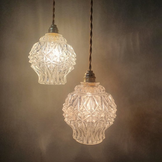 Image 1 of Set van 2 Vintage getextureerde bollampen - hanglampen - midcentury design. 