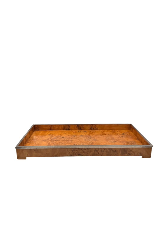 Image 1 of Hollywood Regency Großes Tablett aus Holz und Messing, Italien 1970er Jahre