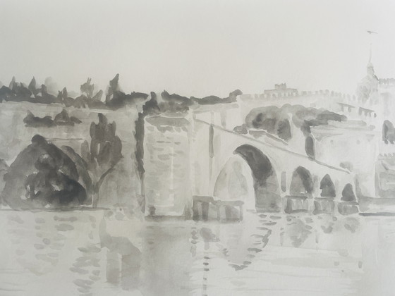 Image 1 of Signiertes Aquarell monochrom sepia Pont d'Avignon
