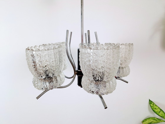 Image 1 of Vintage Pendant Crystal Light, Mid-Century Chandelier, Emi Poljcane with Five Crystal Lampshades