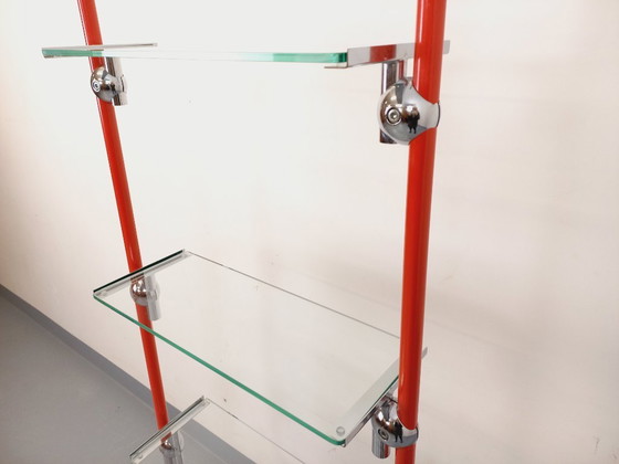 Image 1 of Modular Bauhaus-style vintage bookcase in red metal, chrome and glass from the 1970s