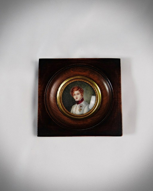 Portrait miniature Tondo Napoleon II officer hand-painted gouache 19th century