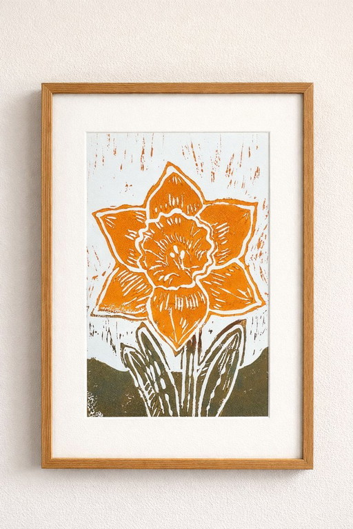 Impresión linográfica de narcisos | Arte mural de flores de primavera | Impresión botánica naranja | A4 hecho a mano