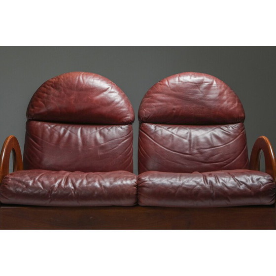 Image 1 of Vintage Gae Aulenti 'Arcata' Love Seat in Walnut and Burgundy Leather 1968