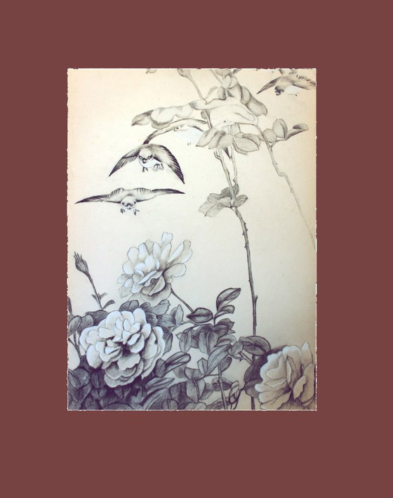 Image 1 of Vintage Japanese-inspired drawing. Vintage drawing. Drawing of flowers and birds. Japanese drawing. Antique drawing.