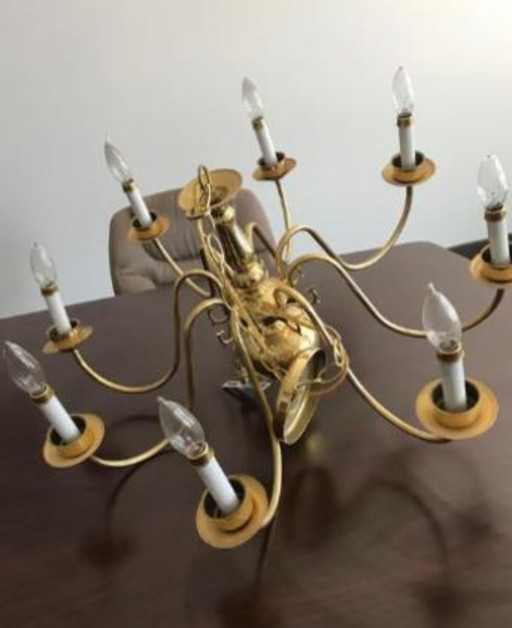 Vintage kroonluchter uit 1998, massief messing, goudkleurig, plafondlamp met 8 lampen