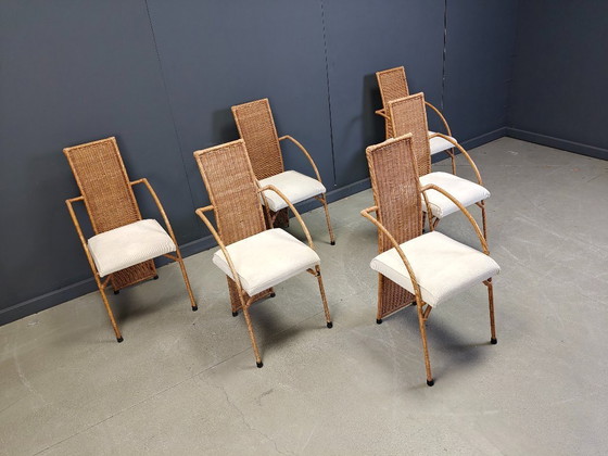 Image 1 of Vintage wicker high back dining chairs set of 6 - 1980s