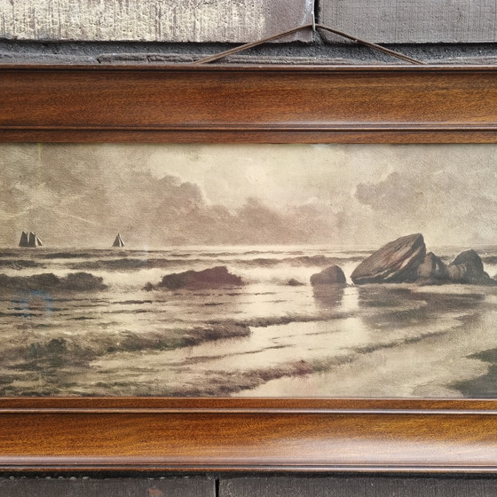 Image 1 of antiek 19e eeuw schilderij Charles J. Hagberg (American Illinois 19e/20e eeuw) sepia zeegezicht