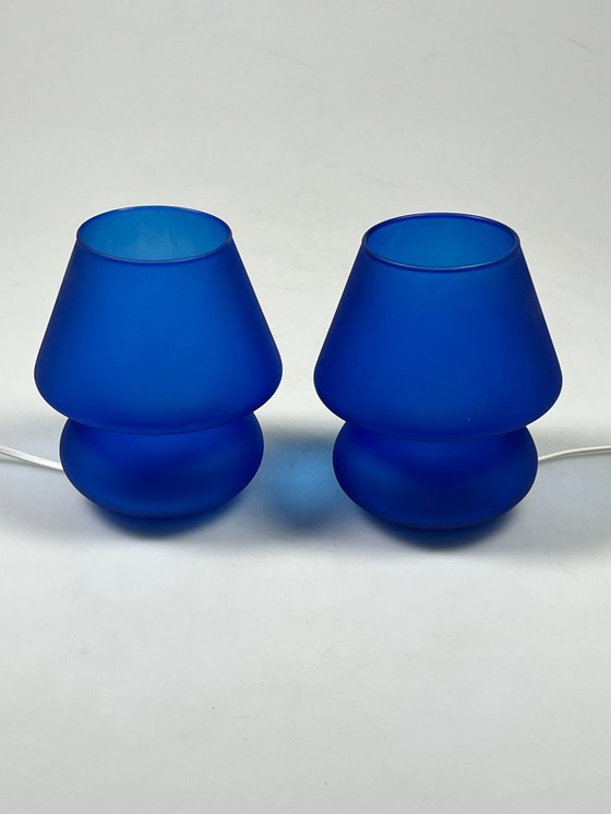 Image 1 of Ensemble vintage de lampes champignon en verre bleu, Habitat, années 1980