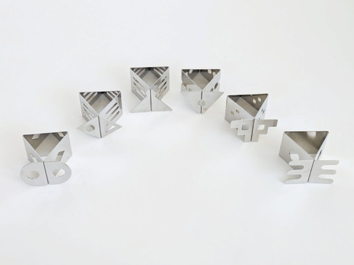 Set of 6 Nathalie du Pasquier Stainless Steel Napkin Rings, Postmodern Geometric Design