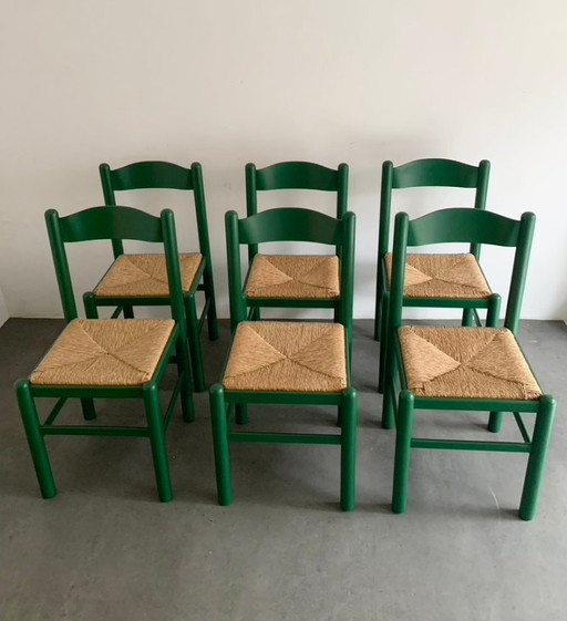 6 italienische Stühle aus Holz und Binsen