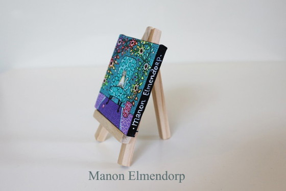 Image 1 of Hand-painted Small Painting with Little Donkey Unique Cat on Chair