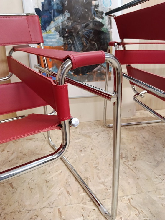 Image 1 of KNOLL Studio Set van 2 WASSILY B3 fauteuils (NIEUW) in rood leer