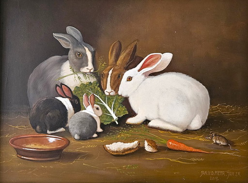 Jan van der Meer (1942-2024) Vijf konijntjes met blad kool