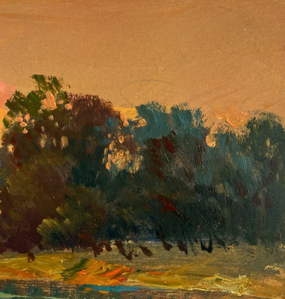 Image 1 of Original Oil Painting Evening Coastal Landscape Orange sunset over the river