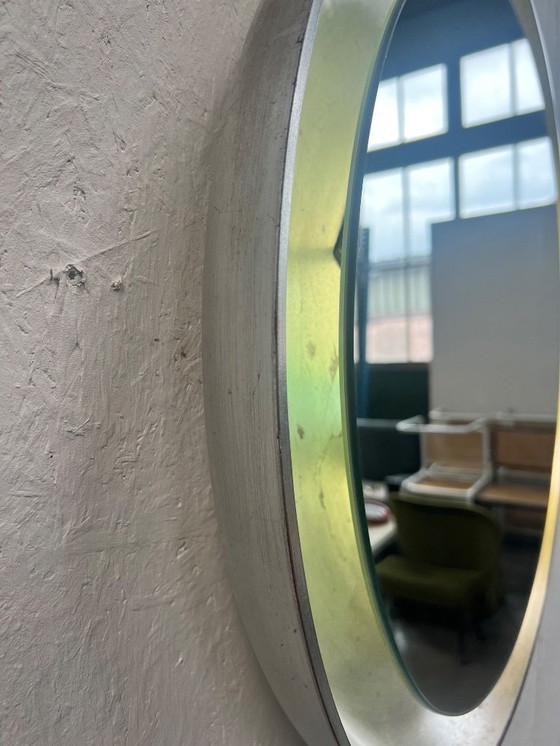 Image 1 of Vintage Round Wooden Wall Mirror With Lighting, Xl, 1970's