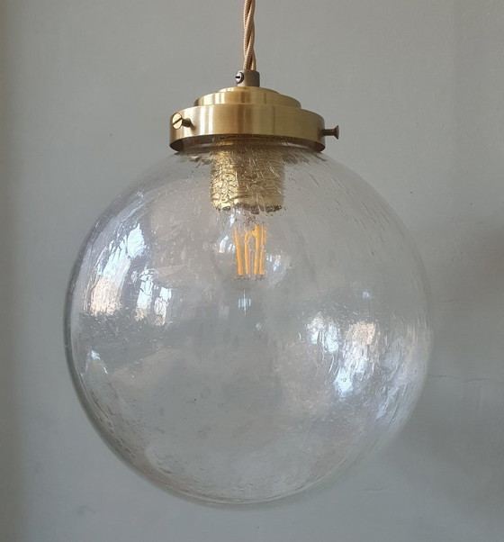 Image 1 of Vintage plafond hanglamp van getextureerd / bubbelglas - Mid Century