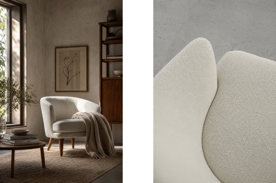 Image 1 of Low Mid-Century Scandinavian Modern Oak & Fabric Armchair with Rounded Backrest, 1960s