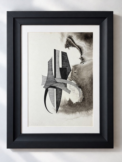 Eugène Eechaut (1928-2019) - composición de tinta, 1973, enmarcada