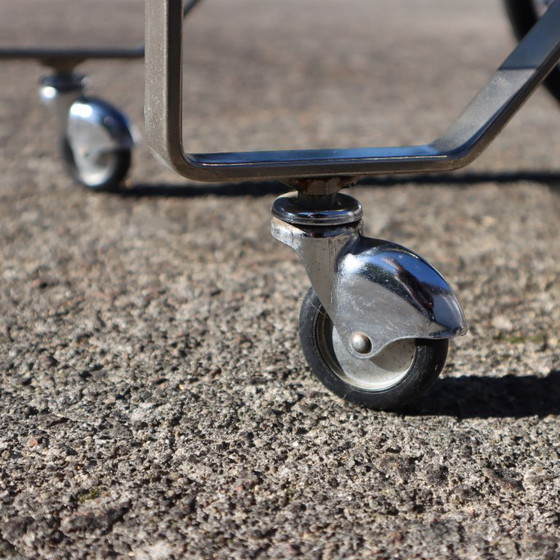 Image 1 of French Mid-Century Smoked Glass and Chrome Bar Trolley-Drop Leaf Bar Cart-Vintage Two Tier Dessert-Bar Trolley-60s