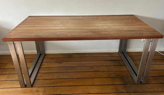 Image 1 of 4x Montis Chaplin Bordeaux leather chairs and solid wood table