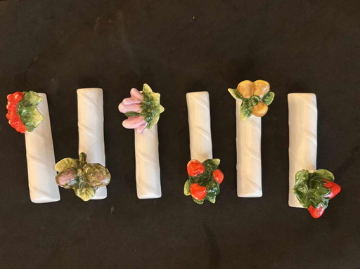 Keramik Majolika Messerbänkchen Set: Keramik Gemüse Obst Besteckhalter, Frankreich Vintage