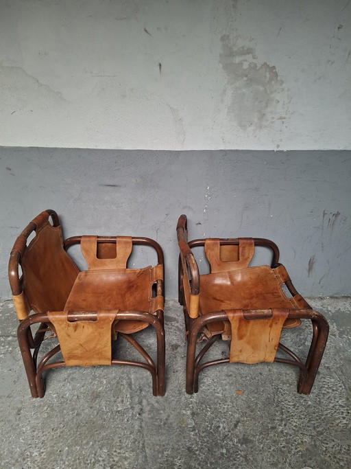 2 poltrone safari in pelle e bambù di Tito Agnoli per Bonacina