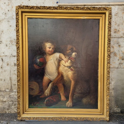 Portrait d'enfant "Garçon au chien", Ecole française, 19e s. - France