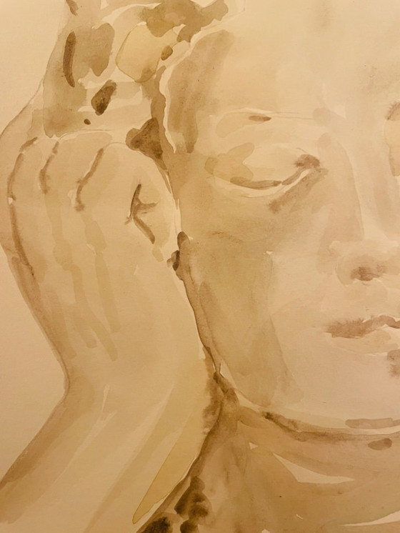 Image 1 of Retrato de una mujer en acuarela sepia monocromática, "pensamiento".