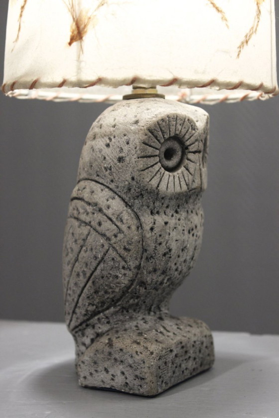 Image 1 of Lampe chouette hibou vintage 1970s plâtre peint abat jour herbier