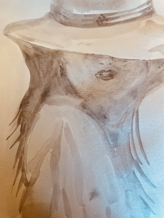 Image 1 of Dipinto firmato acquerello monocromatico seppia ritratto femminile "Estate"