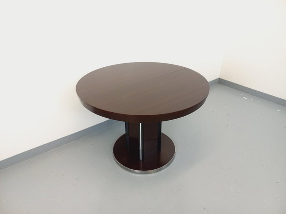 Image 1 of Table ronde de repas vintage en bois d’ébène et métal chromé style Space Age / Diner des années 70 avec rallonge intégrée