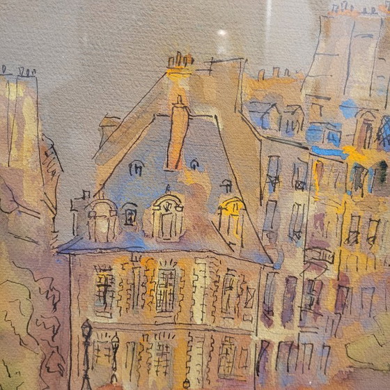 Image 1 of Aquarelle sur papier « Pont Marie, Paris », post-impressionnisme, signée Gilis, 1962 - France