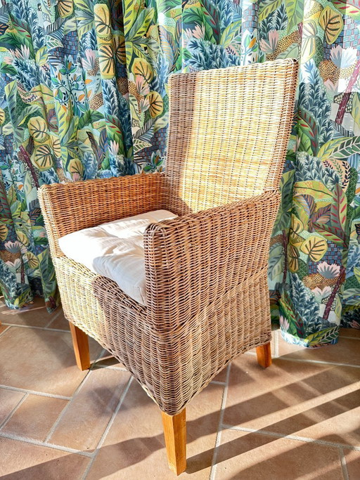 Armchairs in wicker and solid teak