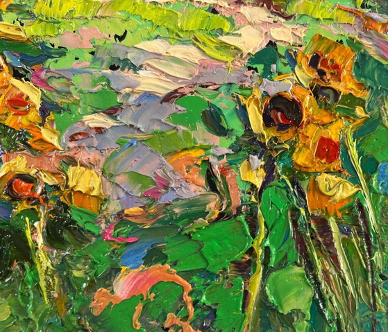Image 1 of Original Oil Painting Summer Flowers Landscape The sun in every sunflower