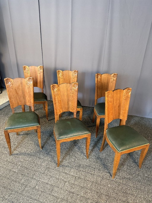 6 Art Deco stoelen - eikenhout - gerestaureerd - groen leer – eetkamerstoelen, Wood (photo 2 of 5)