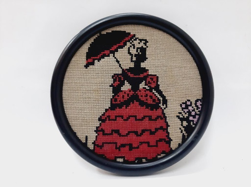intage Framed Needlepoint, Embroidery Lady with umbrella