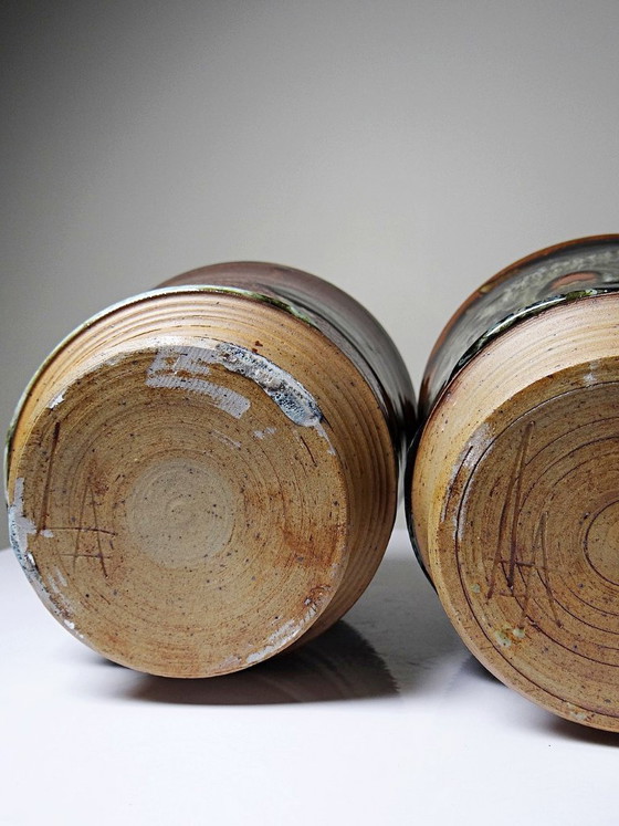 Image 1 of Pair of vintage 80s-90s Japanese-style stoneware pots from Studio Poterie, handcrafted and signed