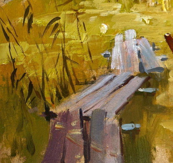 Image 1 of Original Oil Painting River Coastal Landscape A boat among the reeds