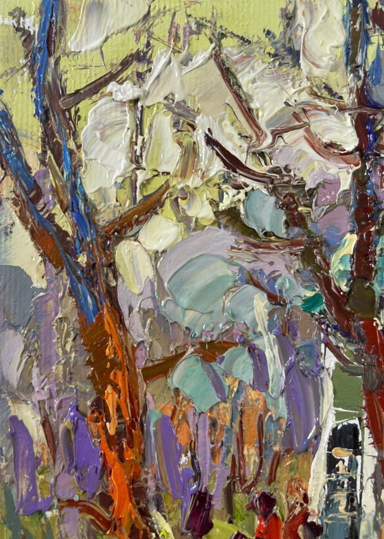 Image 1 of Peinture à l'huile originale, paysage d'arbres d'été, promenade dans le parc